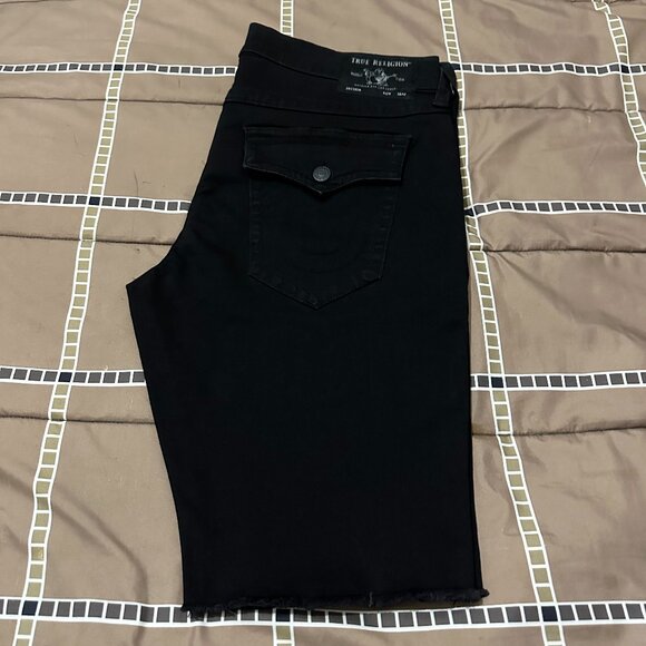 NEW True Religion Jean Shorts Black Denim Flap Raw Hem Body Rinse